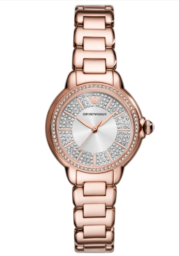 Emporio Armani AR11633 – Montre Femme 32 mm acier or rose, cadran argenté cristaux